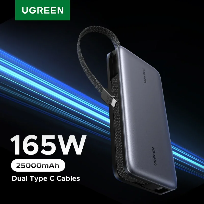 UGREEN Nexode Power Bank, 25000mAh, 165W snelladen met 2 geïntegreerde USB-C -kabels (140W PD3.1), compatibel met MacBook Pro 16, Dell XPS, iPad Pro, Steam Deck, Galaxy S25 Ultra, iPhone 17