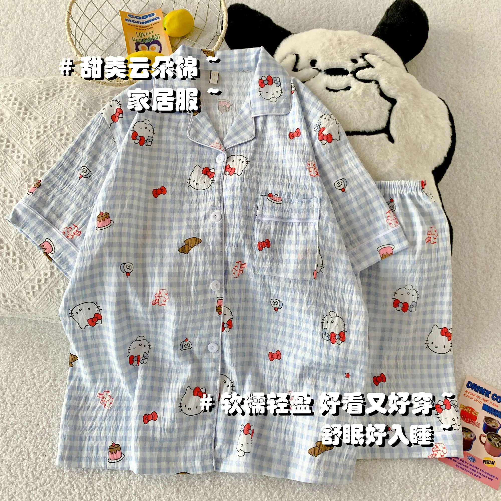 

2 шт., кавайная домашняя одежда, летний пижамный комплект «Hello Kitty», аниме для женщин, топы с короткими рукавами, шорты, милый комплект одежды для сна для девочек