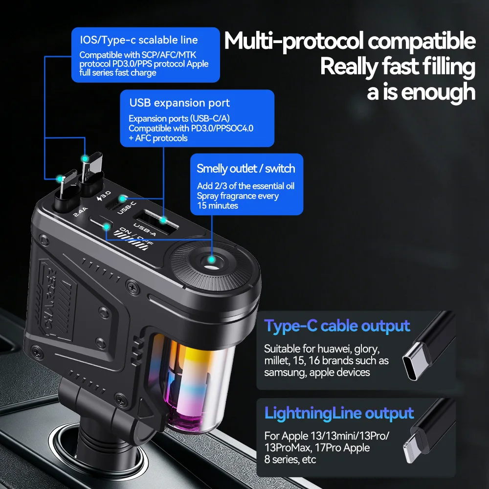 5 in 1 Car Charger with 66W Super Fast Charging Retractable Type‑C Lightning Cable Car Cigarette Lighter Adapter Auto for phone（ view 2