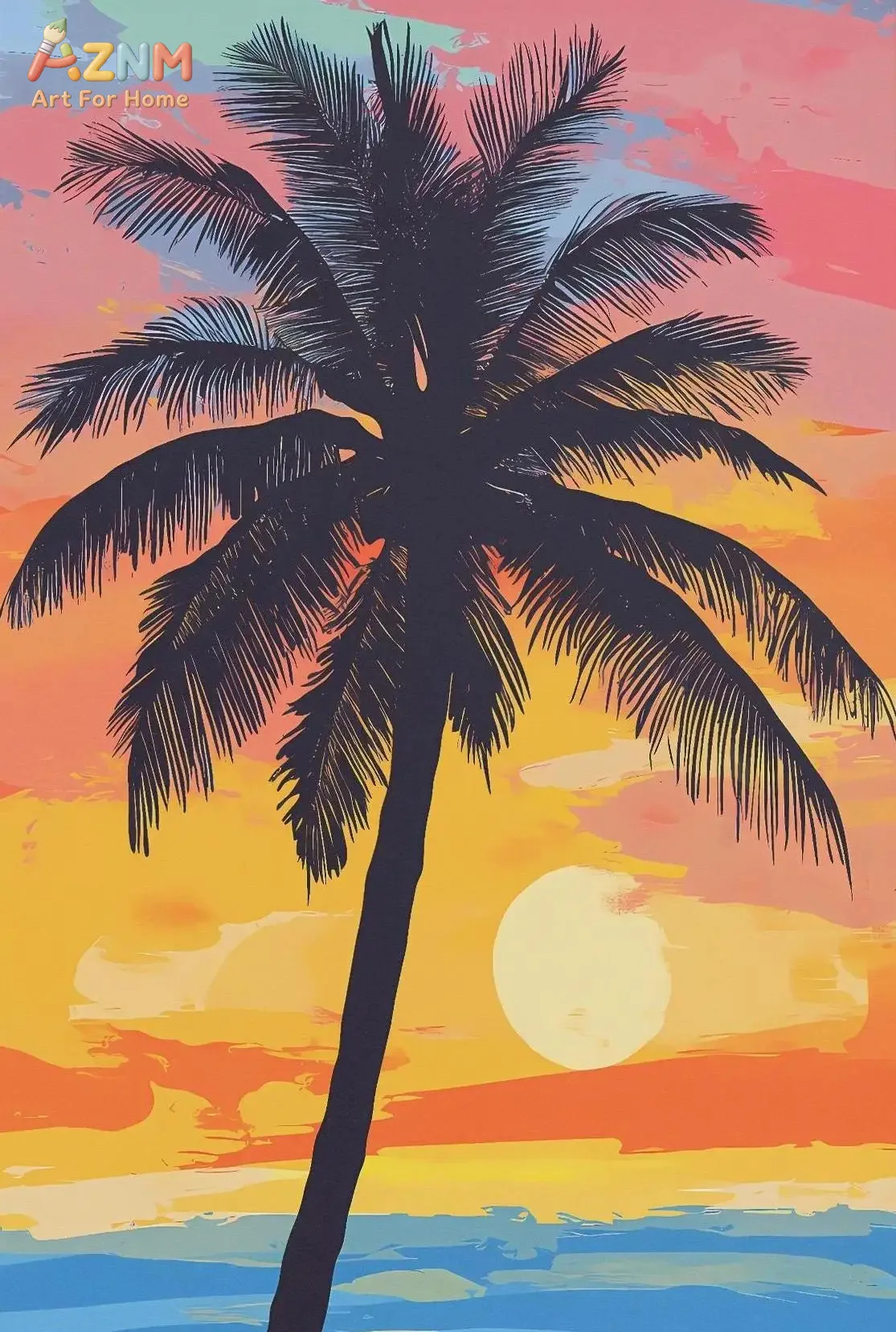 AZNM Retro Summer Beach Canvas Wall Art Palm Tree Beach Chair Lighthouse Surfboard Lemon Drink Volleyball Minimalist Ocean Illus