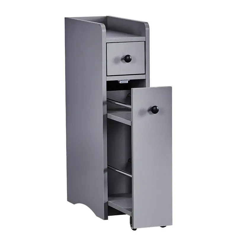 

Gray Particleboard with Melamine Veneer, 18*40*70cm, Two-drawer, One-panel Low Cabinet with Wheels and Movable Pull-out Shelf, Bathroom Vanity.