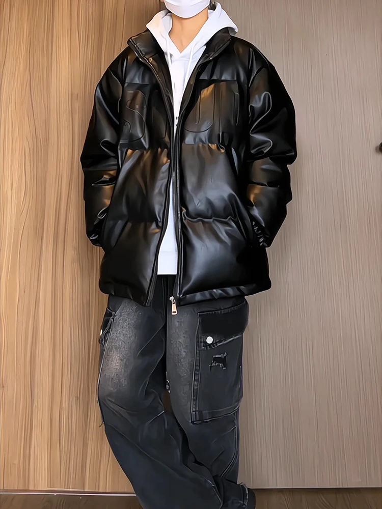 

Мужская зимняя куртка из искусственной кожи и хлопка с воротником-стойкой, утепленная, с принтом-надписью, в американском стиле