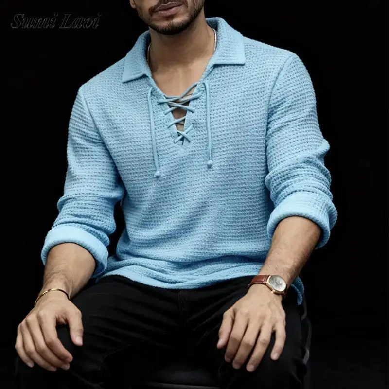 

2026 Spring Autumn Casual Solid Color Sweater Men Vintage Lace-up Turn-down Collar Knit Polo Shirt Fashion Mens Knitted Jumpers