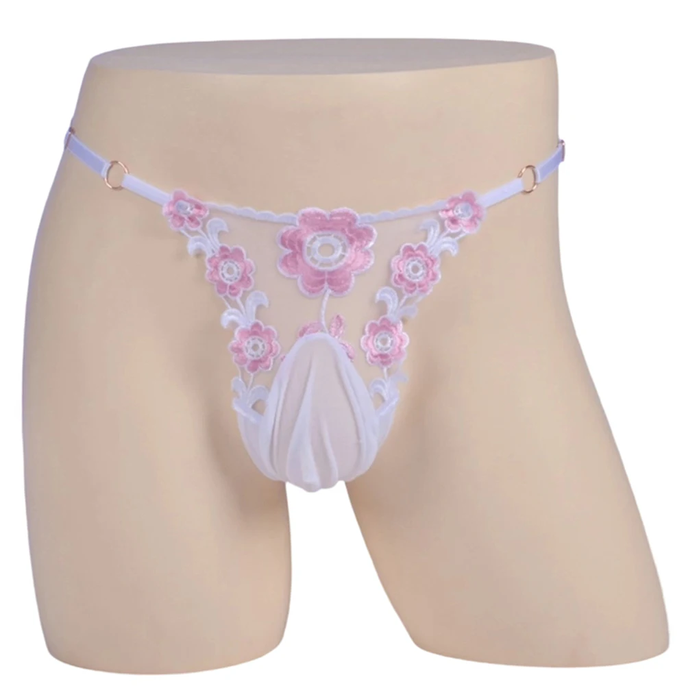 Men\'s Adjustable Waist Sheer Briefs in Sissy Style with Embroidered Egg Pouch and G String for Breathable Comfort