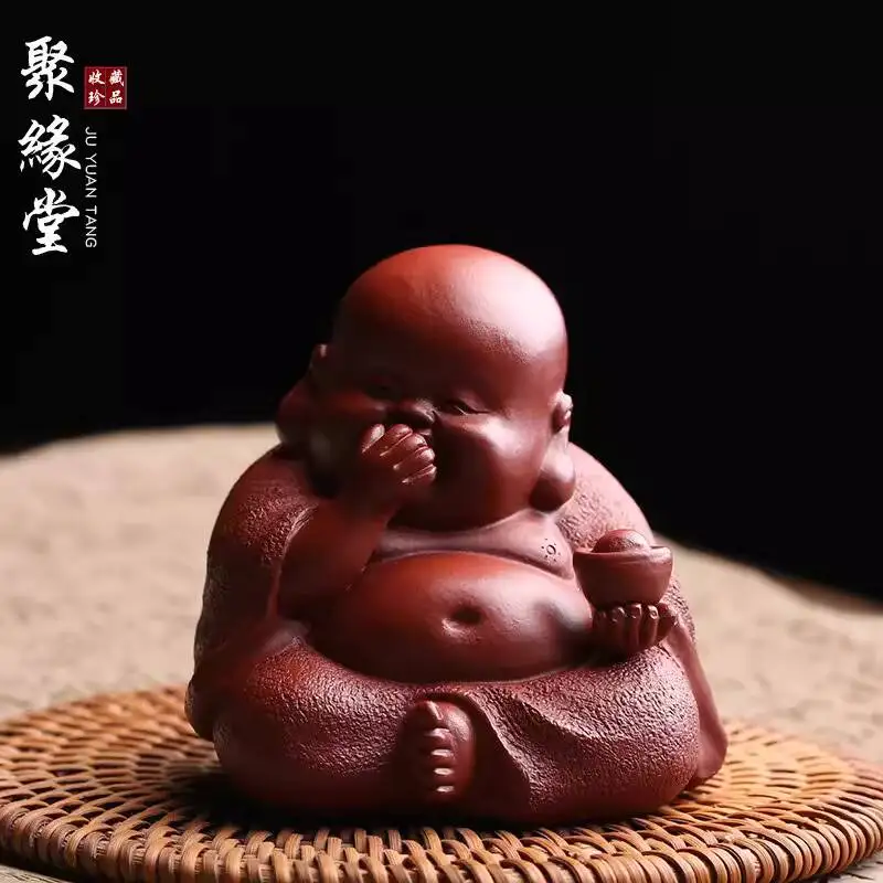 Yixing Purple Sand Pet Ornaments Yuanbao Maitreya Buddha Famous Fully Handmade Kung Fu Set Boutique Can Raise Tea Table