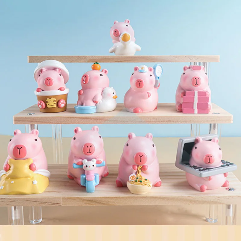 New Pink Kapibara Doll 9pcs Blind Box Figurine Cartoon Peripheral Resin Ornament Cake Decoration To Give Friends Birthday Gift