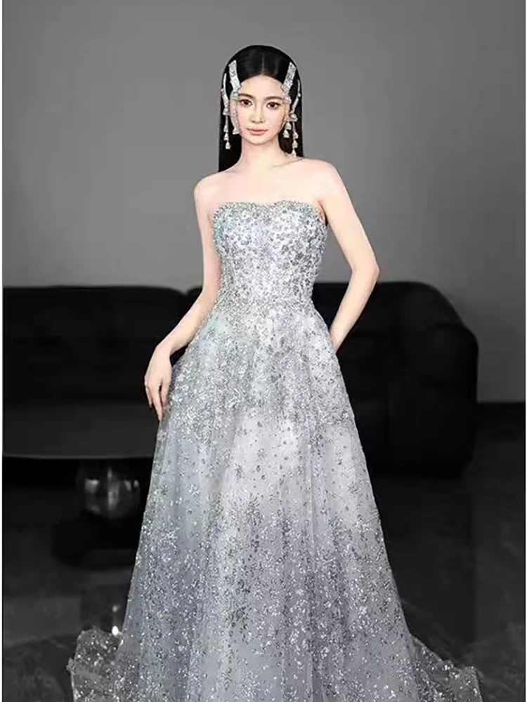 

Серебряное вечернее платье для женщин, высококачественное, для выступлений, новая модель 2025 года, улучшенное, винтажное, с рукавами-фонариками