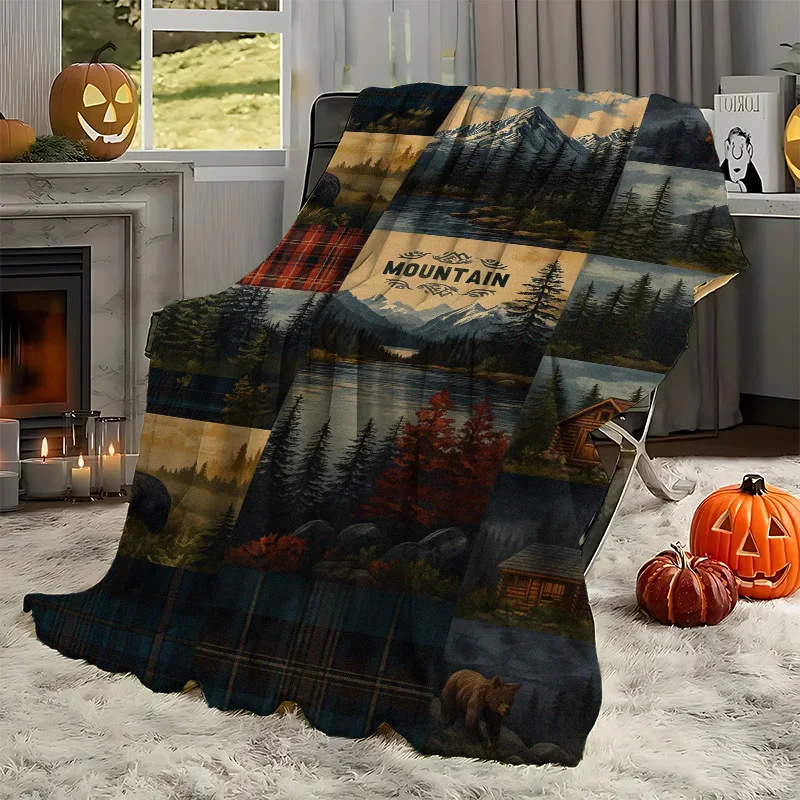 Vintage Wilderness Forest Fleece Blanket,Lumberjack Plaid Bear Mountain Log Cabin Cozy Cover for Living Room Office Rest Camping