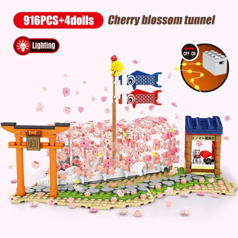 Japan Street View Building Block Japanese Cherry River Tunnel Pavilion Model City Streetscape Brick Assemble Toys With Led Light