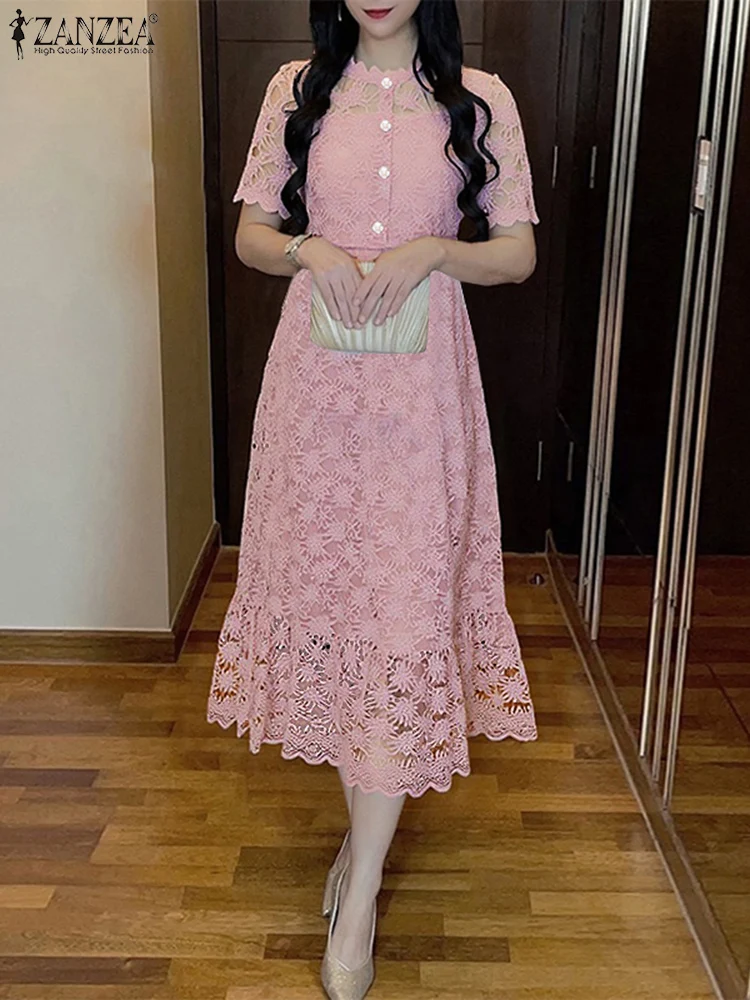 

ZANZEA 2025 Women Lace Dress Fashion Solid Color Sundress Short Sleeve Casual Loose O Neck Vestidos Elegant A-Line Robe Femme