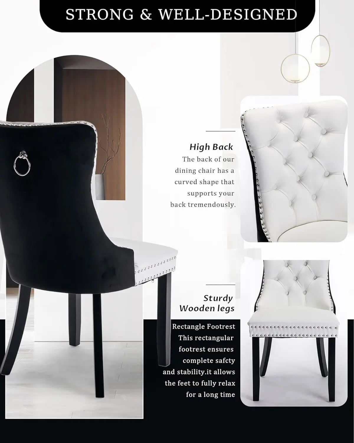 Set di 6 sedie da pranzo in pelle, imbottite trapuntate con finiture in chiodo e gambe in legno massello, bianco e nero