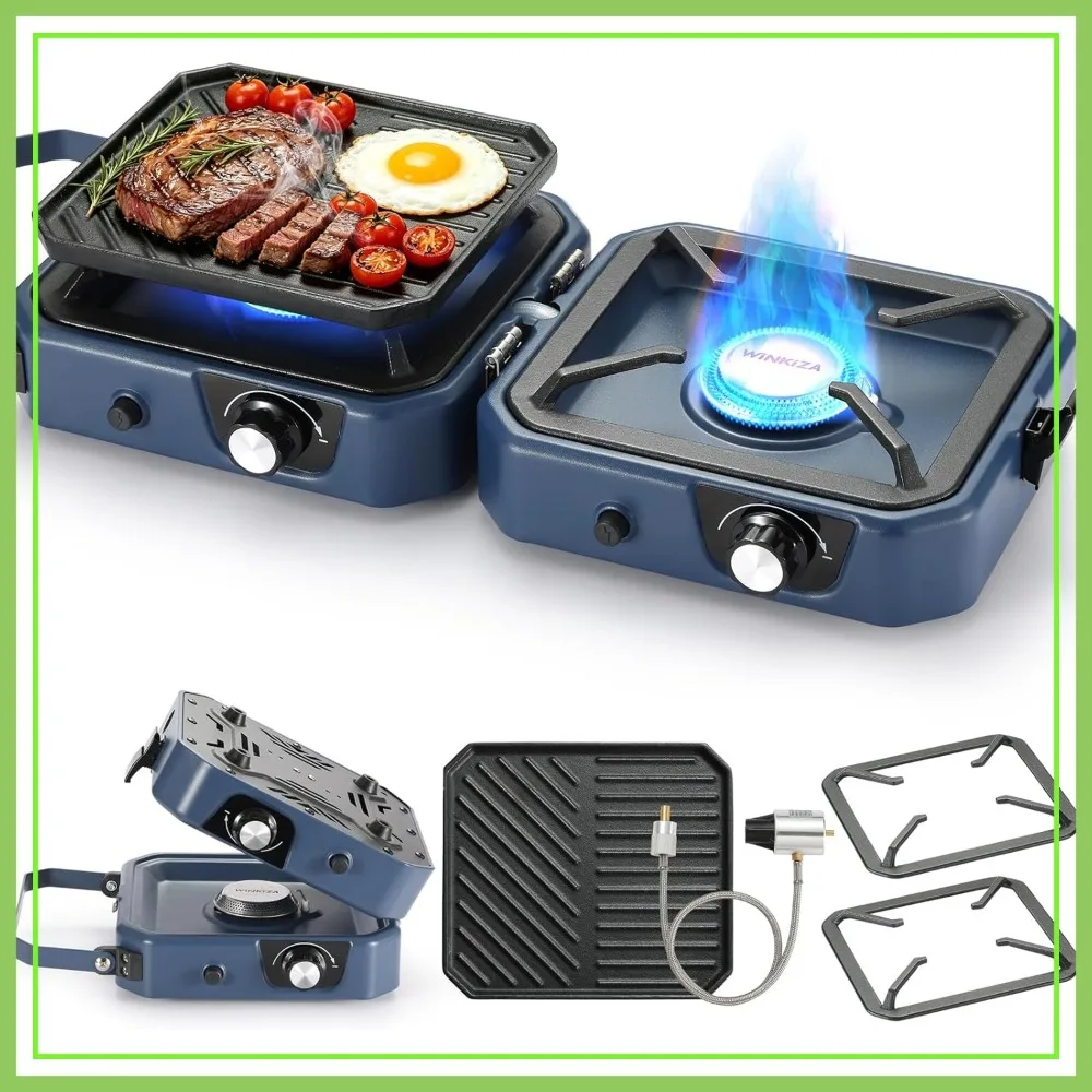 

304 Stainless 2 Burner Propane Camping Stove with Griddle, Portable Folding Camp Stoves 24000BTU, Compatible with Grill Pan, Kettles & Cookware