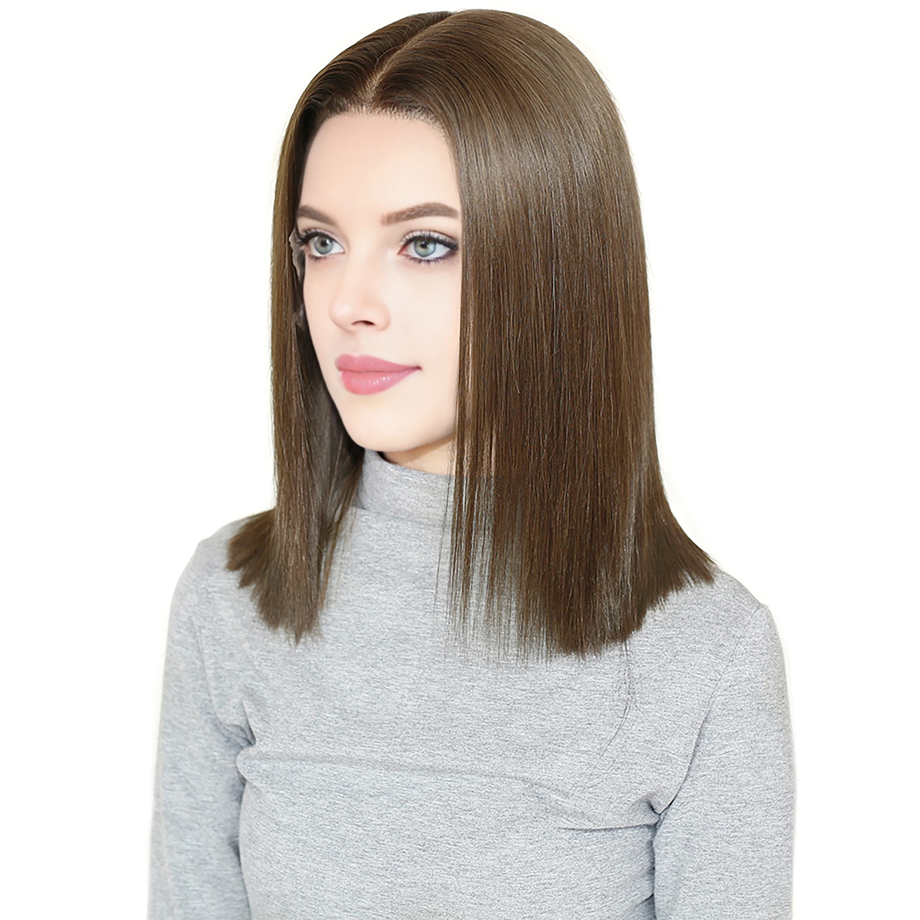 Straight Lace Front & Top Wig Glueless Wigs Human Hair Classic Brown Shadow Roots Hand Painted Sombre Wig