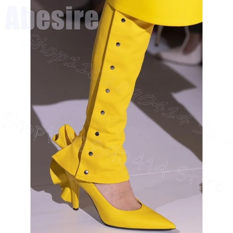 Yellow Falbala Design Shallow Pointed Toe Pumps Slip On Women Shoes Thin High Heels Heels Party Runway 2024 Zapatos Para Mujere