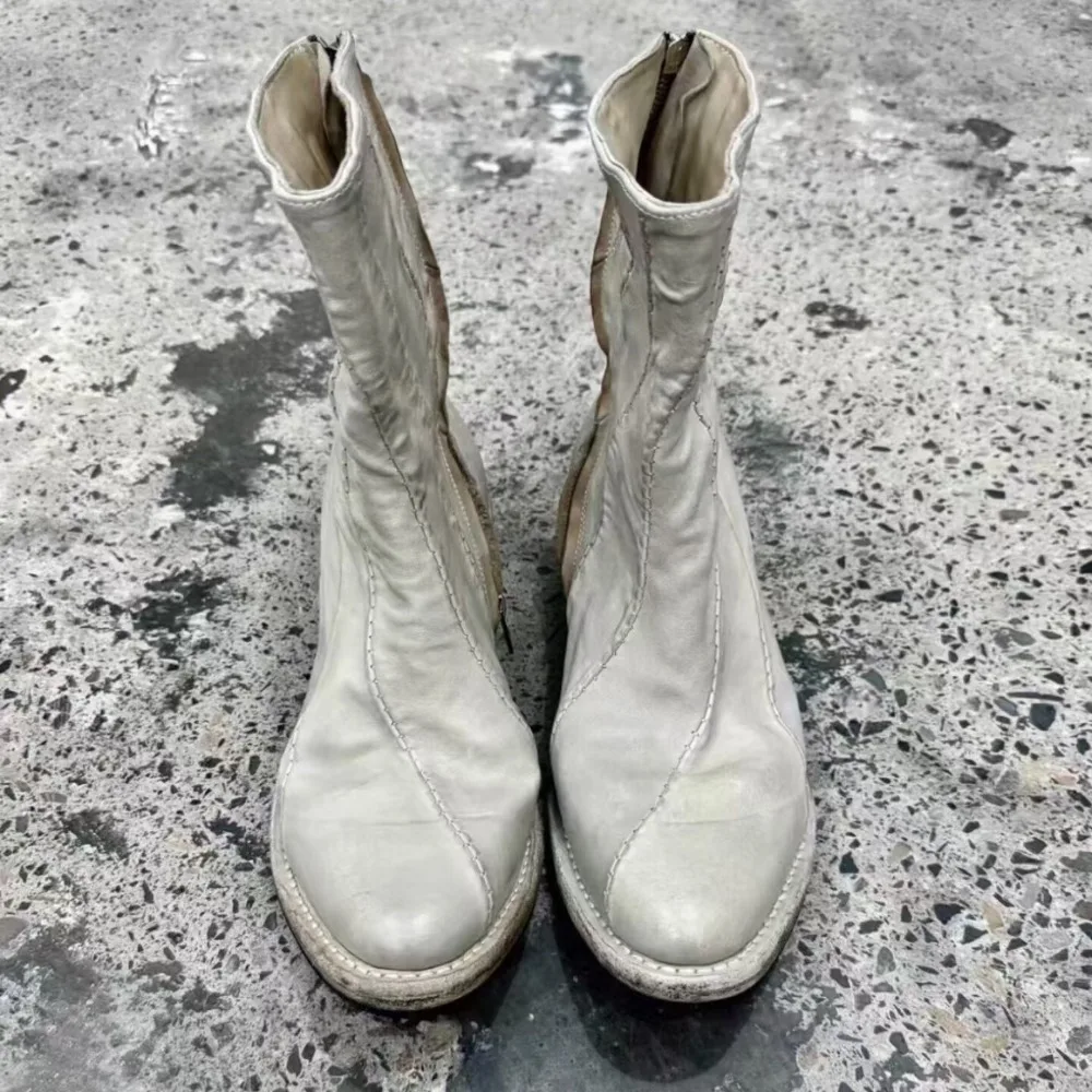 Men's Fashion White Sewing Side Zipper Riding Boots Pointed Toe Thick-Heel Mid-calf Punk Western Chelsea Short Boots