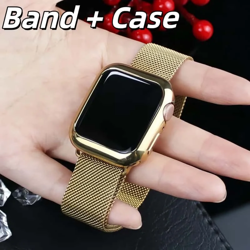 2-in-1 Goldband-Schutzhülle für Apple Watch Series/SE/9/8/7/6/5/4/3/2/1 38mm 40mm 41mm 42mm 44mm 45mm mit Armband
