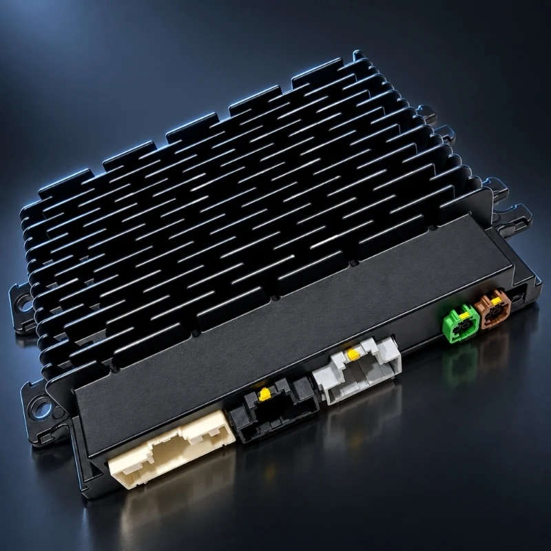 LJ8T-14G647NA Vehicle Sound Amplifier Module with Black Finned Housing and Keyed Ports, Requiring Programming by a Repair Shop