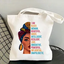 I AM BLACK WOMAN Big Earrings Letter Print Shopping Bags Reusable Large Capacity Canvas Casual Fashion Gift Tote Bag