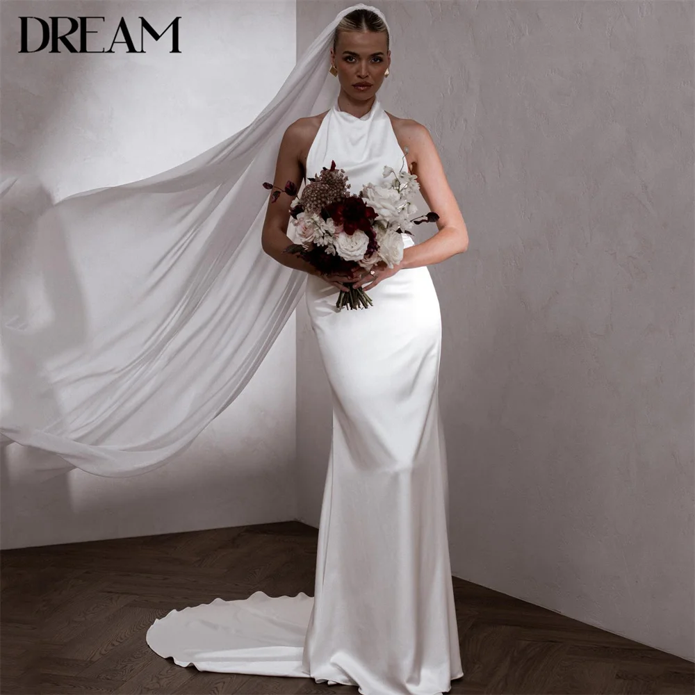 

Modern Halter Mermaid Wedding Dress Women 2025 Sleeveless Open Back Pleat Sweep Train Bridal Gown Vestidos De Novia Customized
