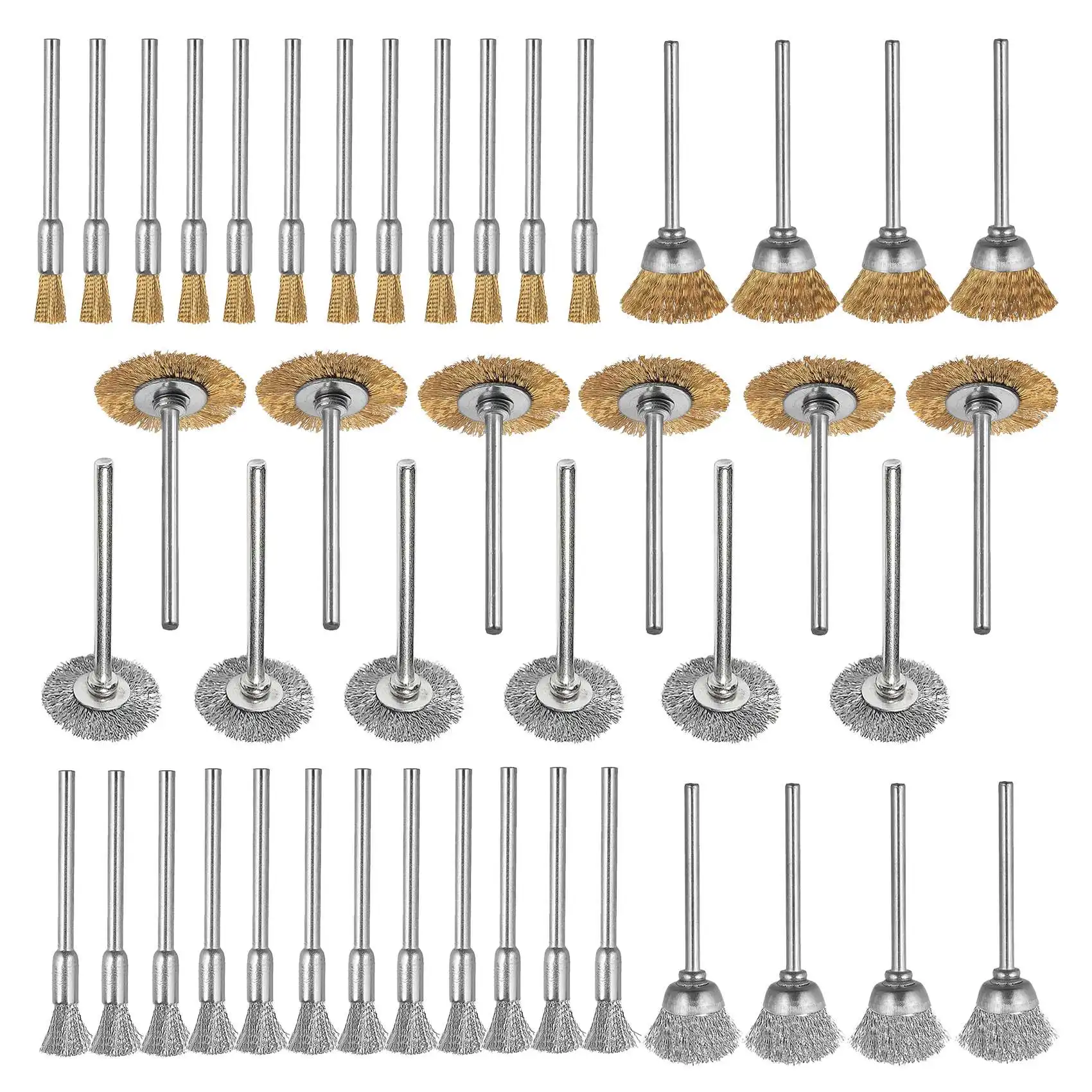 Sikat kawat Mini, 44 buah cangkir roda kuningan kawat baja Set sikat 1/8 inci (3mm) Shank untuk kekuatan Dremel alat poles