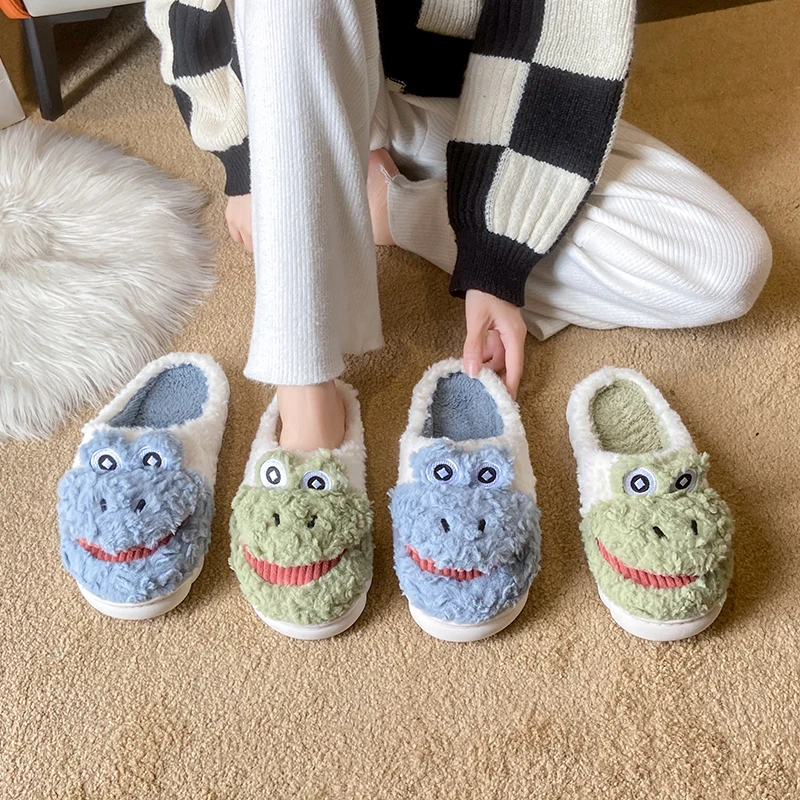 Women Cartoon Crocodile Slippers Cute Home Living Room Shoes Soft Winter Plush Wram Wool Silent Non Slip Slippers Slides Women