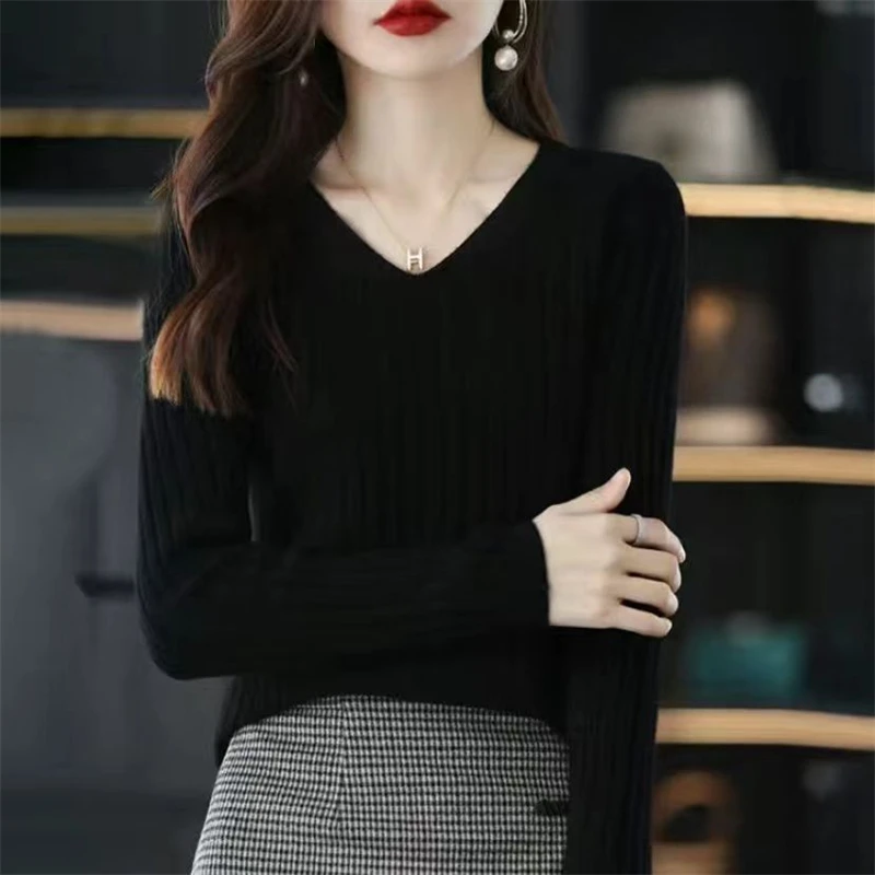 Women Clothing 2023 Autumn Winter Trendy Solid Soft Ribbed Basic Knitted Sweater Casual V Neck Long Sleeve Pullover Tops Jumpers