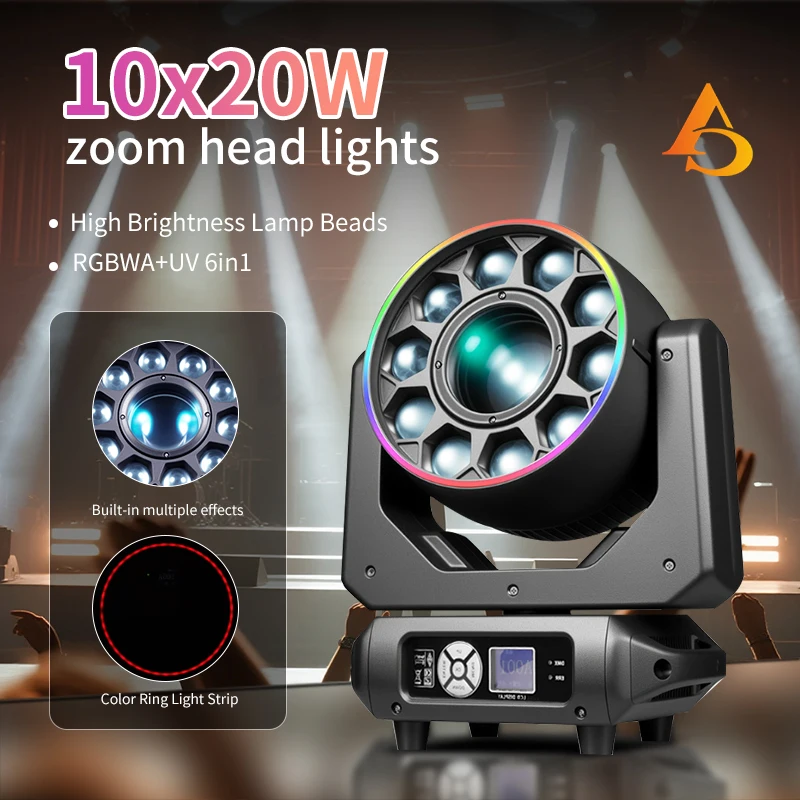DMX 10*20W LED Beam Moving Head Bee Eyes RGBW Wash Strobe Pro DJ Stage Lighting for Club Show Bar Performance Wedding Pub Events