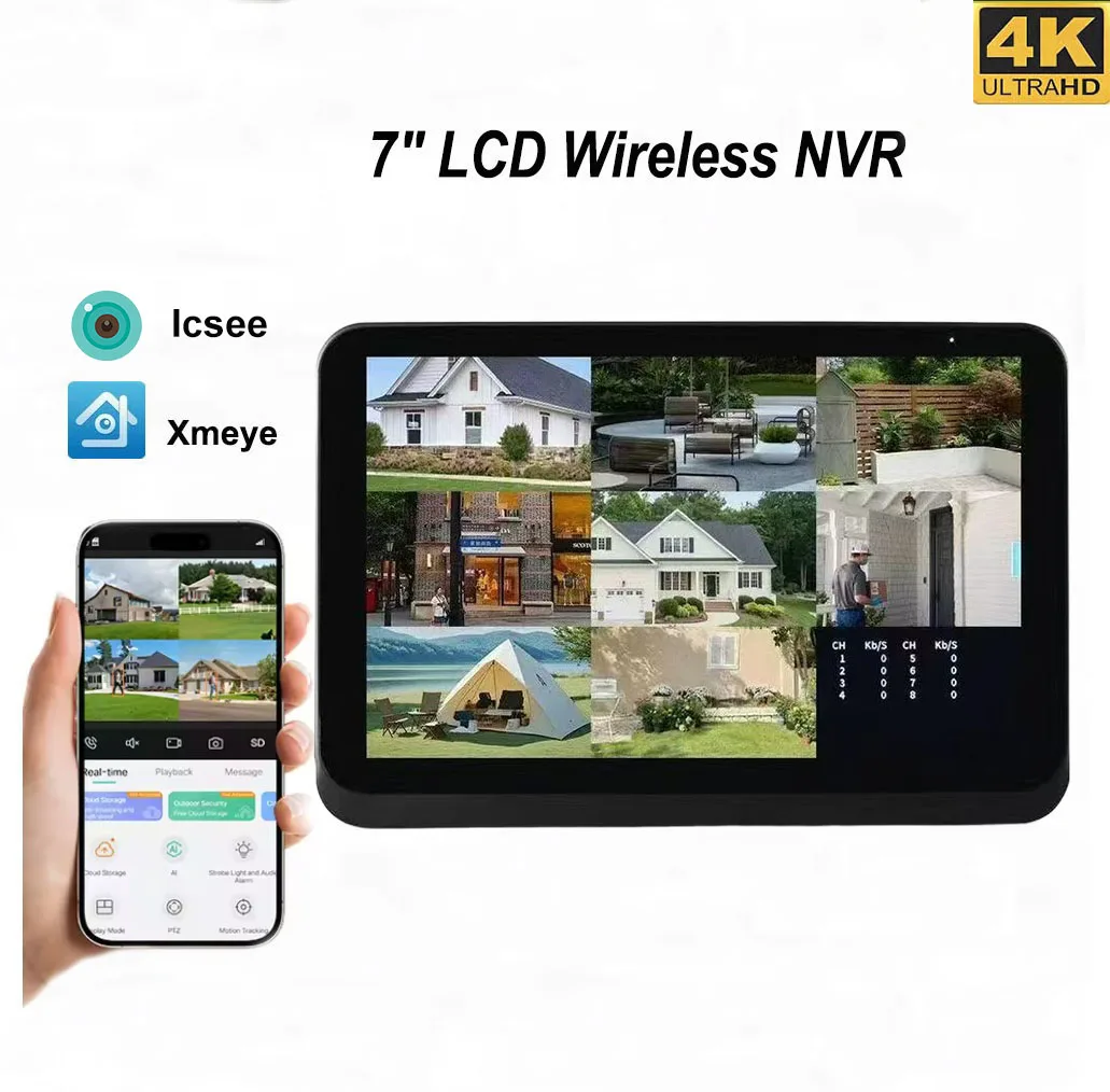 4K 8CH Wireless NVR Recorder Security Camera System 7-inch Screen WIFI Monitor with Human Detection iCSee
