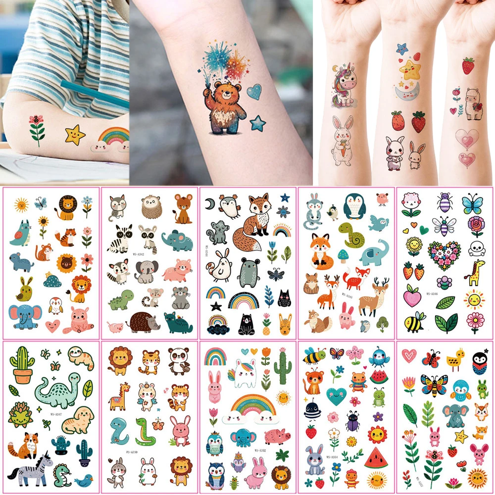 10pcs Cartoon Tattoo Stickers Waterproof Temporary Tattoos Flower Dinosaur Lion Strawberry Fake Tattoo for Men Women