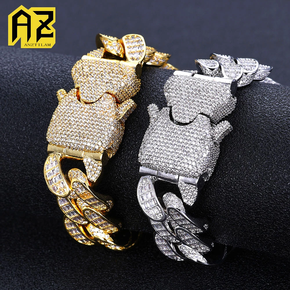 

Anztilam 18 мм багет циркон кубинская цепочка ожерелья для женщин и мужчин блестящая латунная цепочка хип-хоп ювелирные изделия Бесплатная доставка