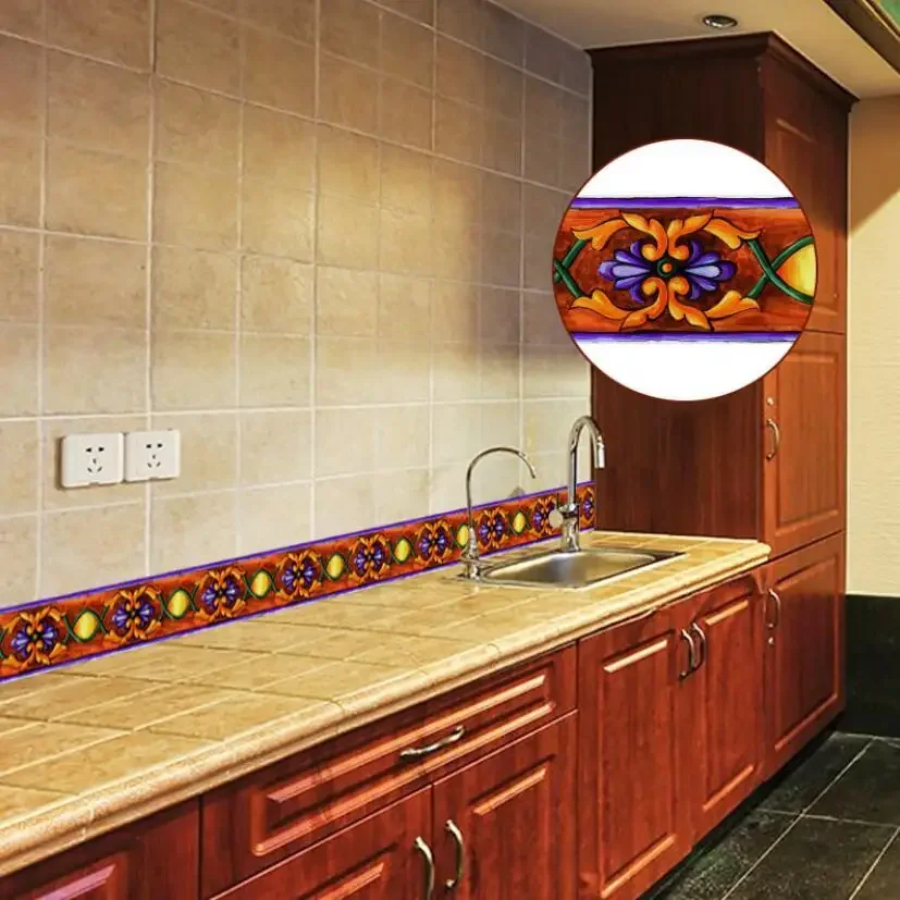 Vintage Retro Wallpaper Borders Waterproof Bathroom Wall Decor Waist Line Stickers Diy Bedroom Self Adhesive Mural Sticker Ez076
