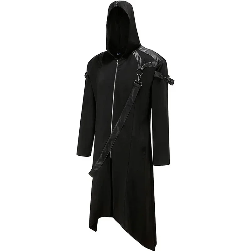 

Men Role-Playing Party Outfits Autumn Winter Zipper Long Sleeves Strappy Hoodie Jacket Halloween Gothic Costume Medieval Cosplay