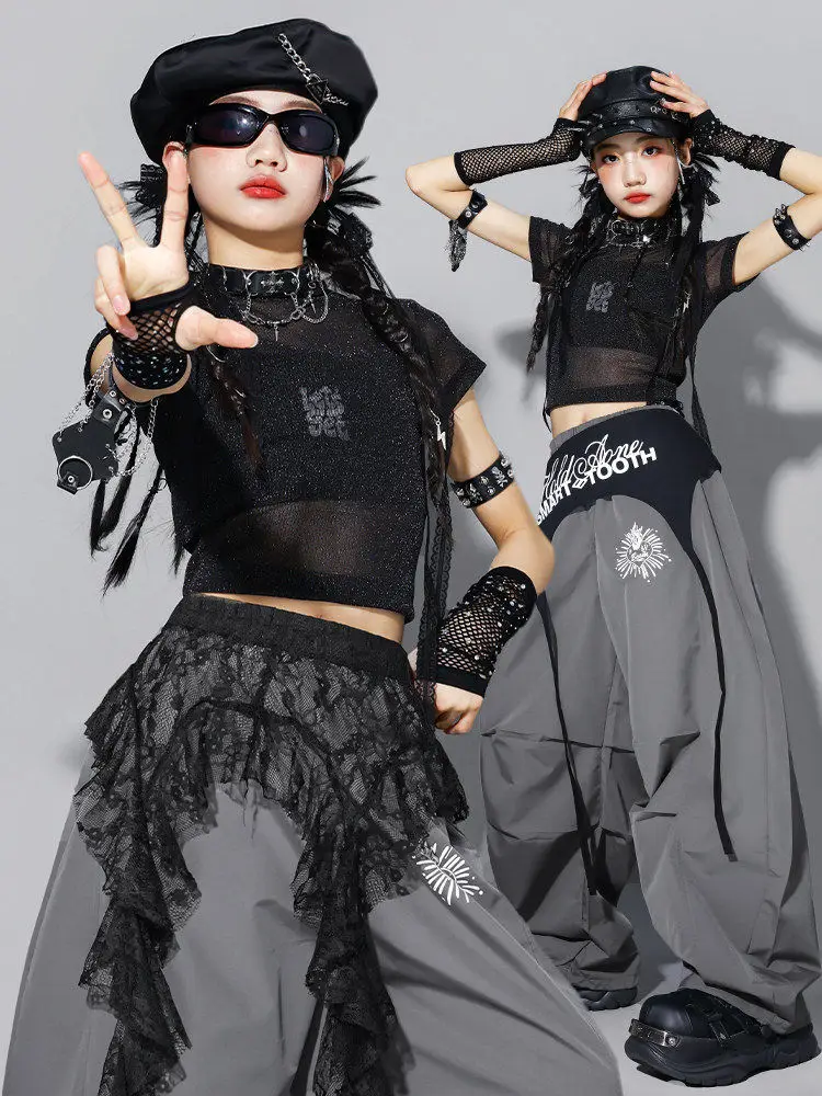 

Детская одежда для занятий джазовым танцем, одежда для девочек в стиле хип-хоп, черные сетчатые топы, жилет, серые брюки, костюм для современного танца BL18844