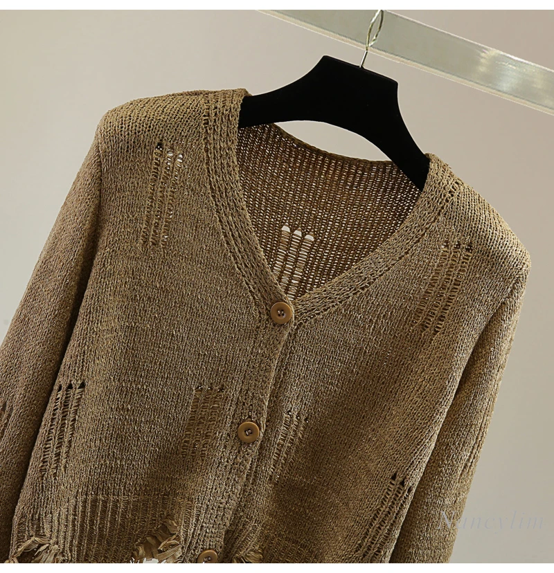 Tassel Ripped Long-sleeved Knitted Cardigan Woman 2024 Autumn High-waisted Short Solid Color V-neck Coffee Color Sweater Coat