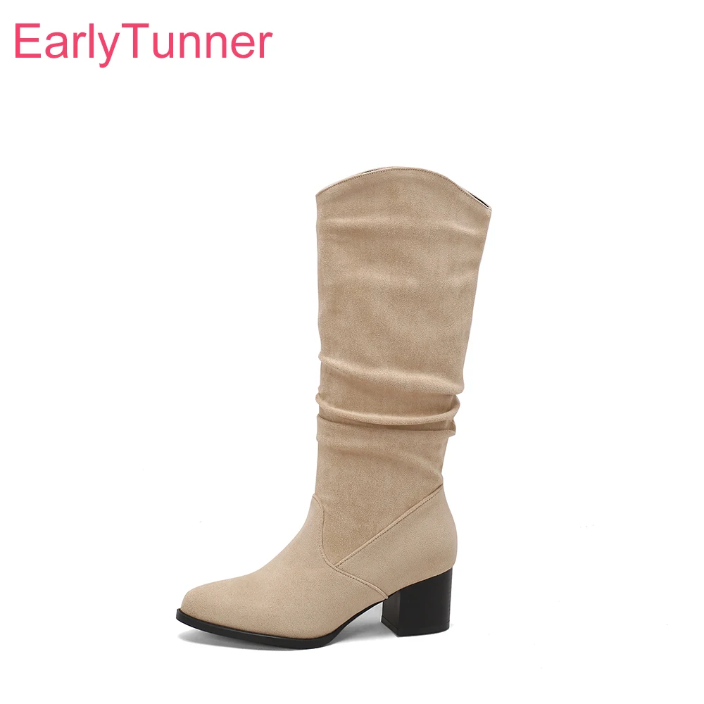 2026 Winter Elegant Women Knee High Riding Boots Slip on Slouch High Block Heel Lady Party Shoes Large Plus Size 12 45 48