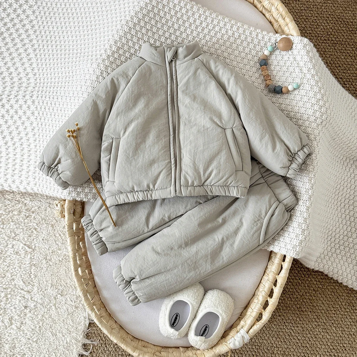 Japanese Style Kids Padded Tracksuit 2Pcs Oversized Stand Collar Jacket and Jogger Pants Winter Warm Outfit