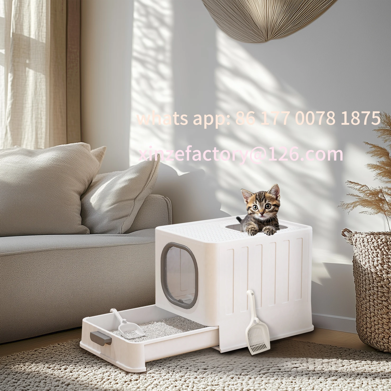 صندوق نفايات القطط Bingopaw XL قابل للتخصيص مع غطاء مغلق على شكل نونية للقطط، مرحاض مضاد للرش، سهل التنظيف