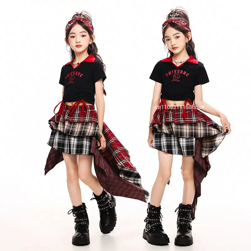 Traje de dança de rua infantil, top curto exposto para meninas, calças de saia xadrez, fantasia de performance de dança jazz