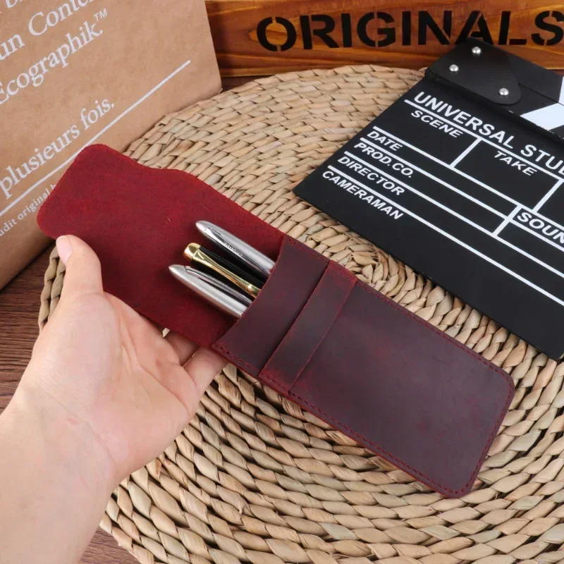 Bolsa de lápices de cuero genuino hecha a mano, estuche para pluma estilográfica de piel de vaca, accesorios de estilo Retro Vintage para viaje