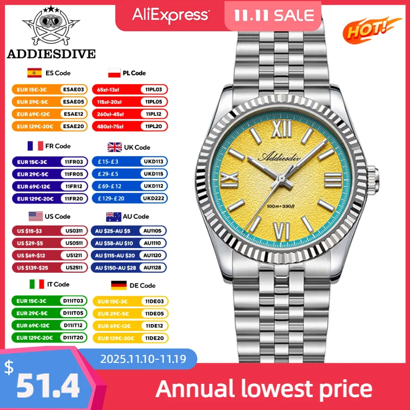 

ADDIESDIVE Sapphire Quartz Watches 36mm Lemon Yellow Dial WristWatch Stainless VH31 BGW9 Luminous Waterproof Men's Watch AD2535