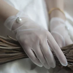 Guantes Blancos para vestido de novia, accesorio de encaje corto con lazo de malla y perlas, para fiesta de boda, baile de graduación, Cosplay, para mujer