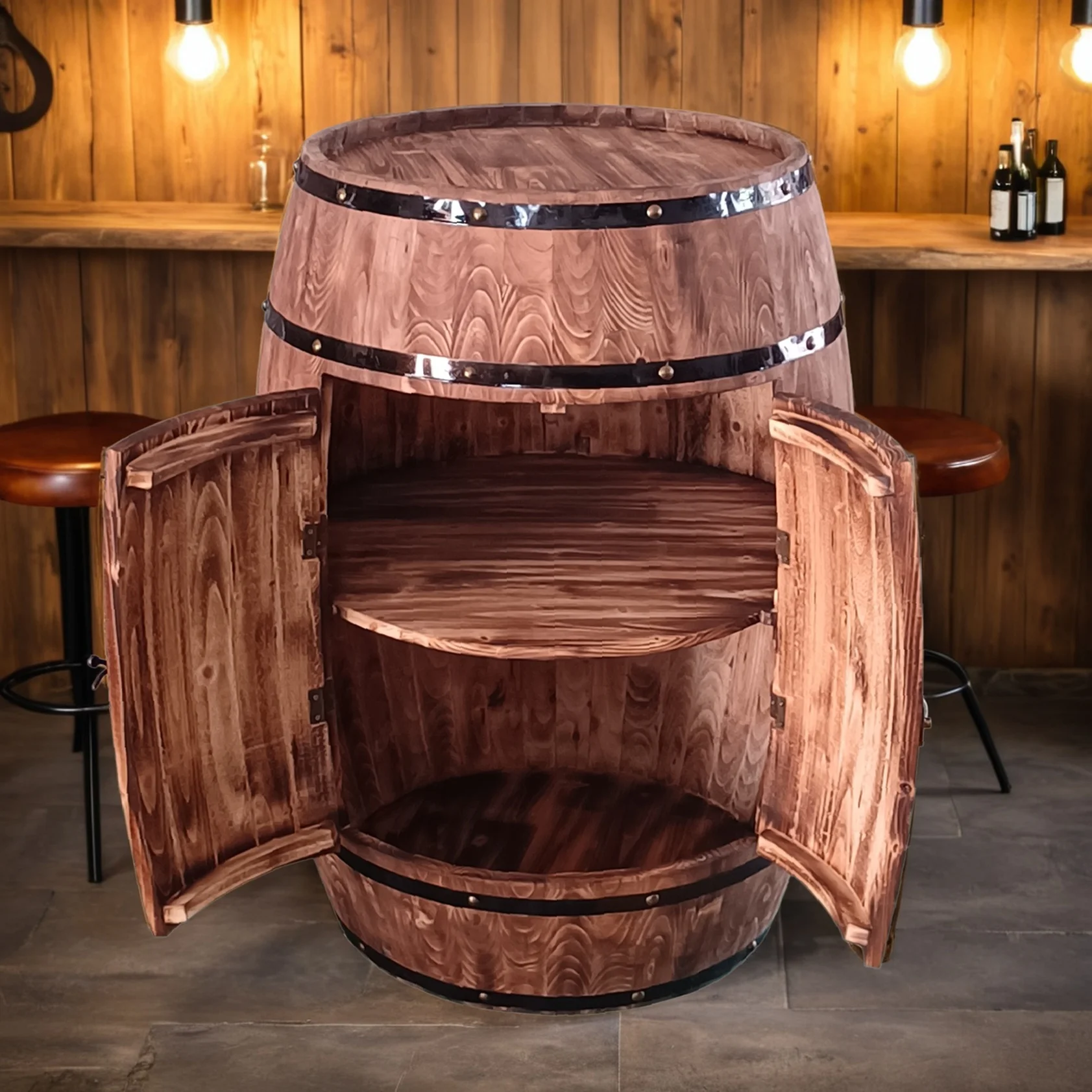 

Modern Oak Barrel Wine Cabinet Door Storage Designed for Party Bar Showcase Wooden Beer Red Wine Rack for Beverage Tubs