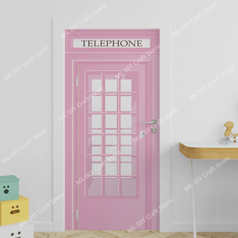 

Pink Telephone Booth Door Sticker Self-adhesive Pink Wooden Door for Girls Bedroom Study Bathroom Door Wall Sticker