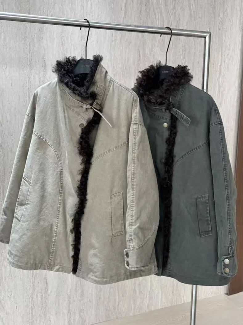 

Retro Large Size Fur Collar Parka Jaet Women's Autumn Winter New Sle Leather Fur Inteated Workwear Coat Korean Sle