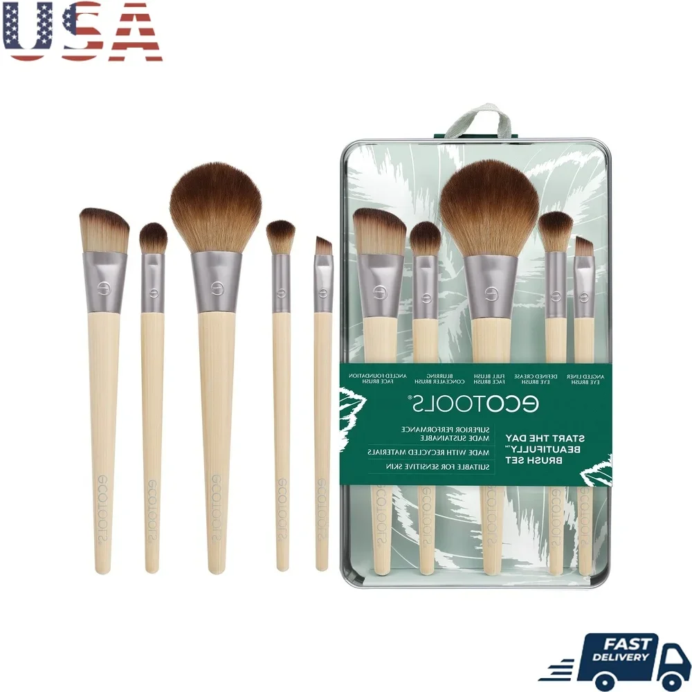 

6 Piece Eco-Friendly Makeup Brush Set with Storage Tray Blush Angled Foundation Concealer Eyeshadow Liner Brushes Daily Beauty