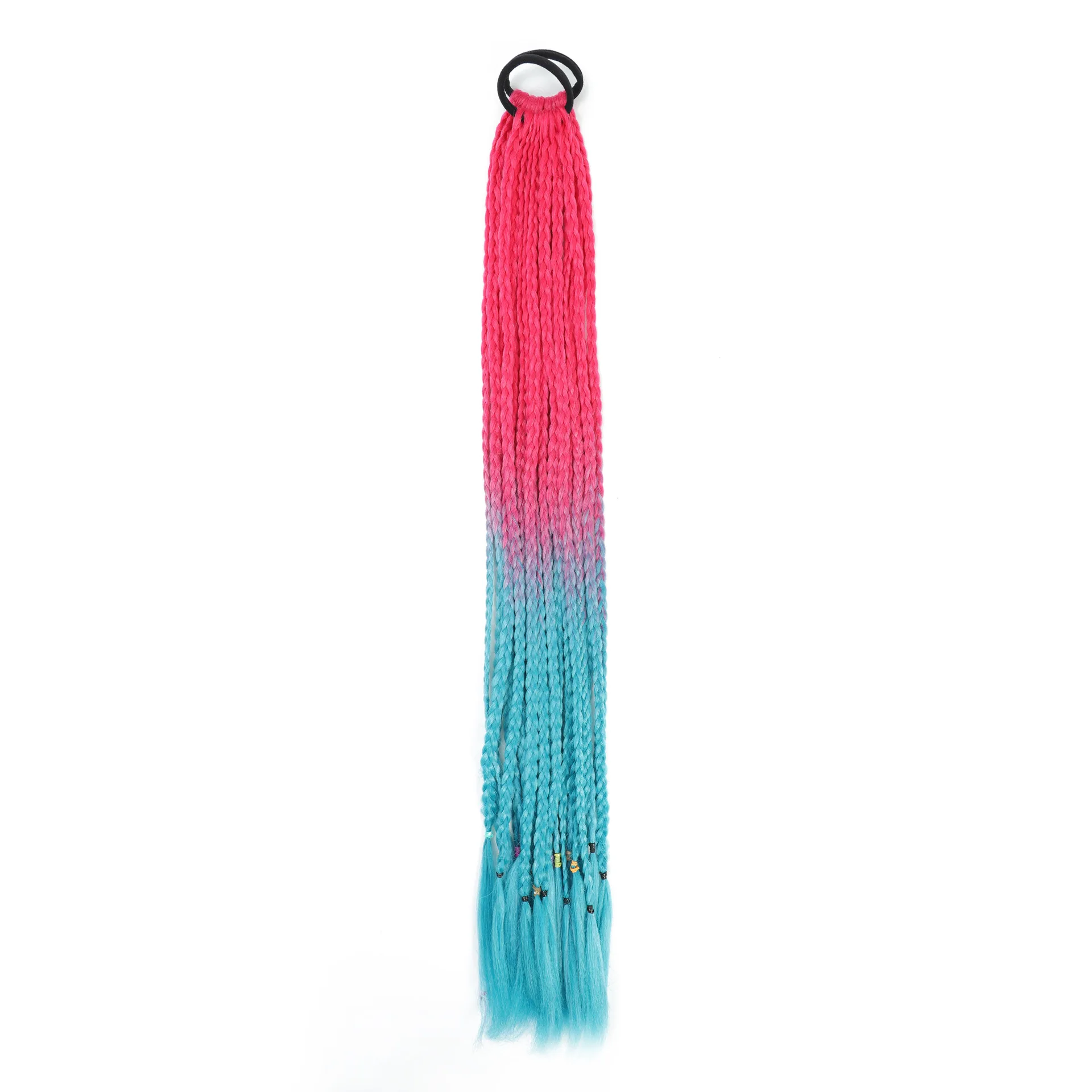 Synthetic 24inch Girls Colored Box Braided Ponytail With Elastic Rubber Band Hair Extensions Rainbow Color Box Pigtail Hairpiece