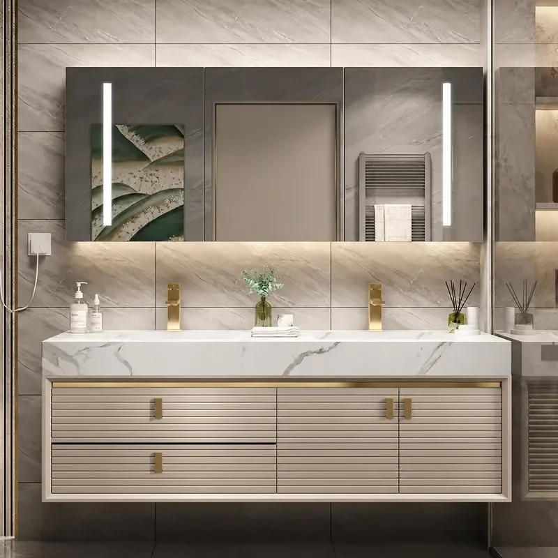 Rock Slab Bathroom Cabinet Oak Integrated Vanity Double Washbasin Milk Tea Color Modern Wall Mounted Sink Unit for Home Bath