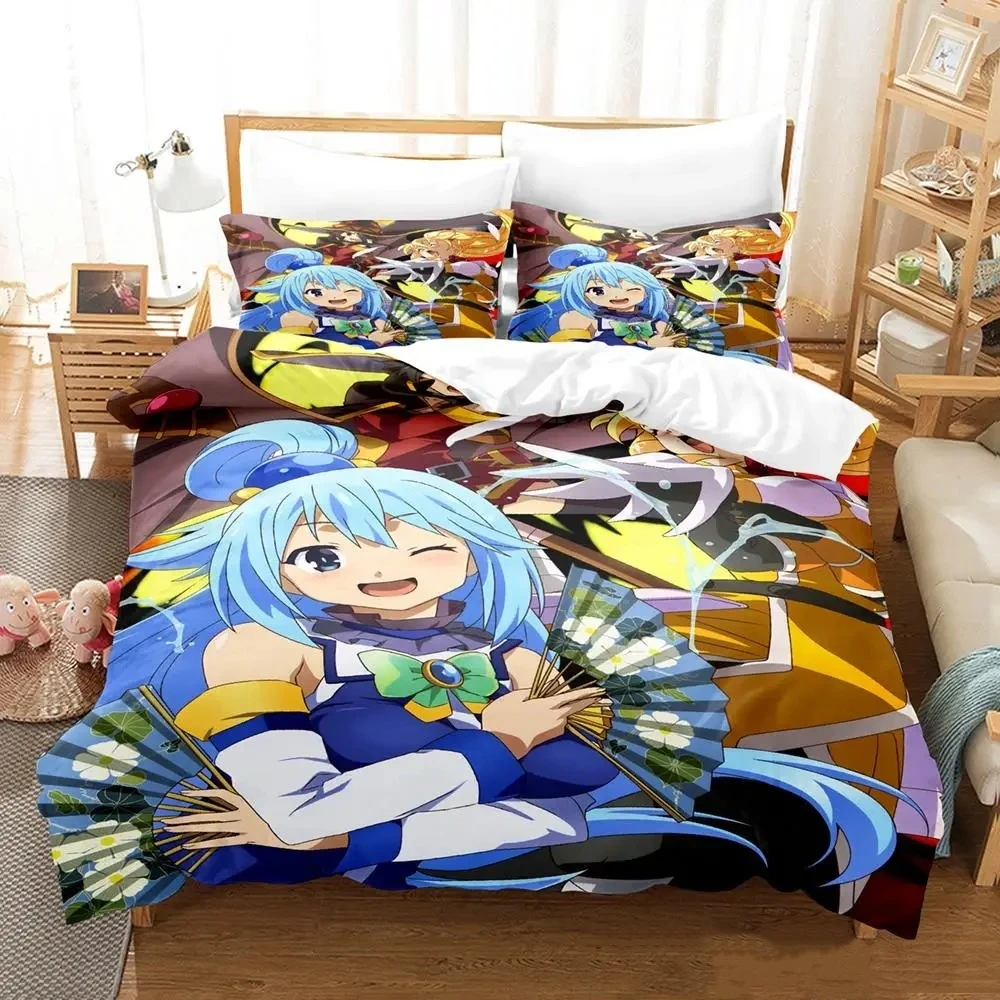 

New KonoSuba Bedding Set Cartoon Anime three-piece set Adult Kid Bedroom Duvetcover Sets 3D Kawaii Girls king size bed sets