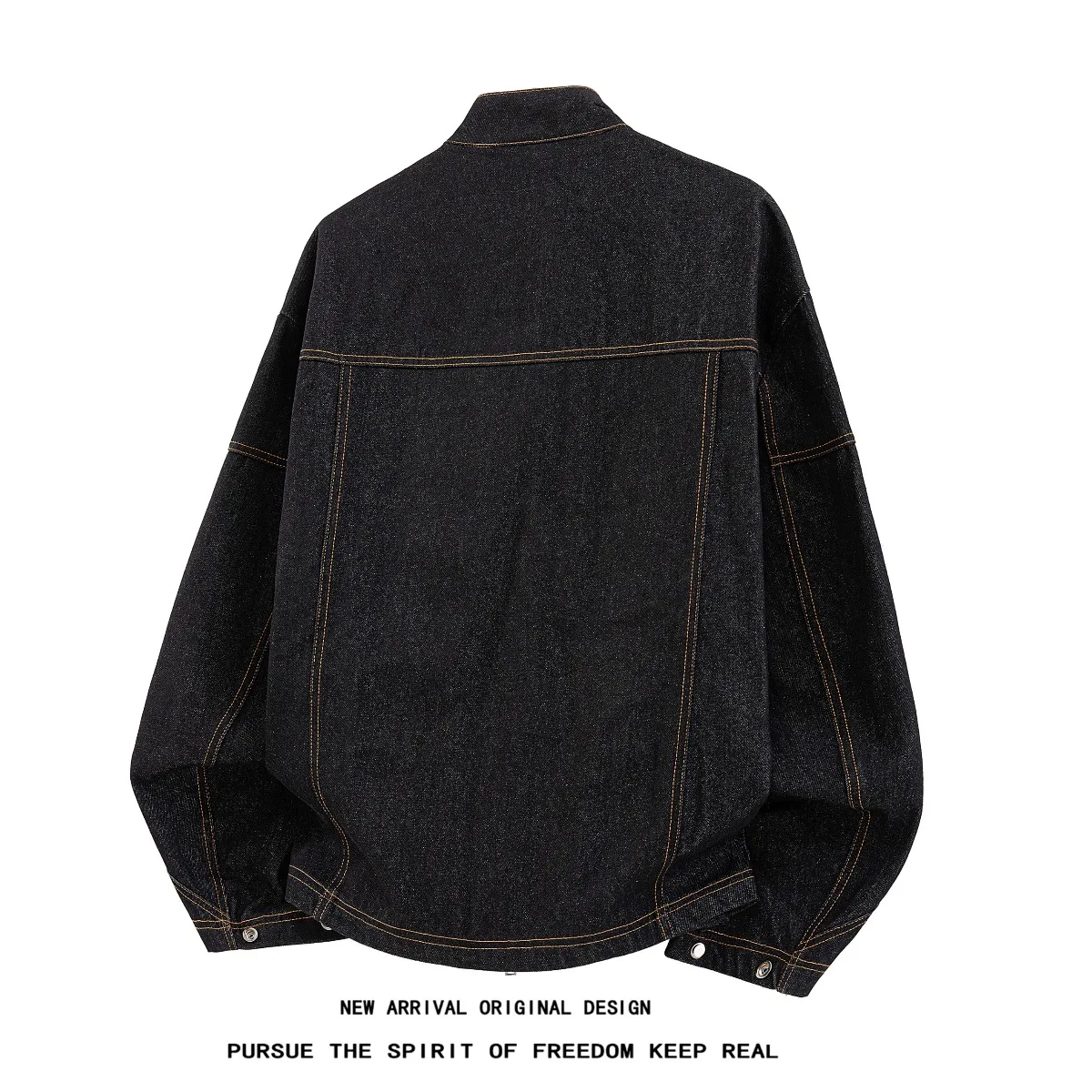 Black Design Sense Aircraft Buckle Denim Jacket Men's Loose Fit Zipper Collar Jacket Versatile Autumn Outerwear Polyester