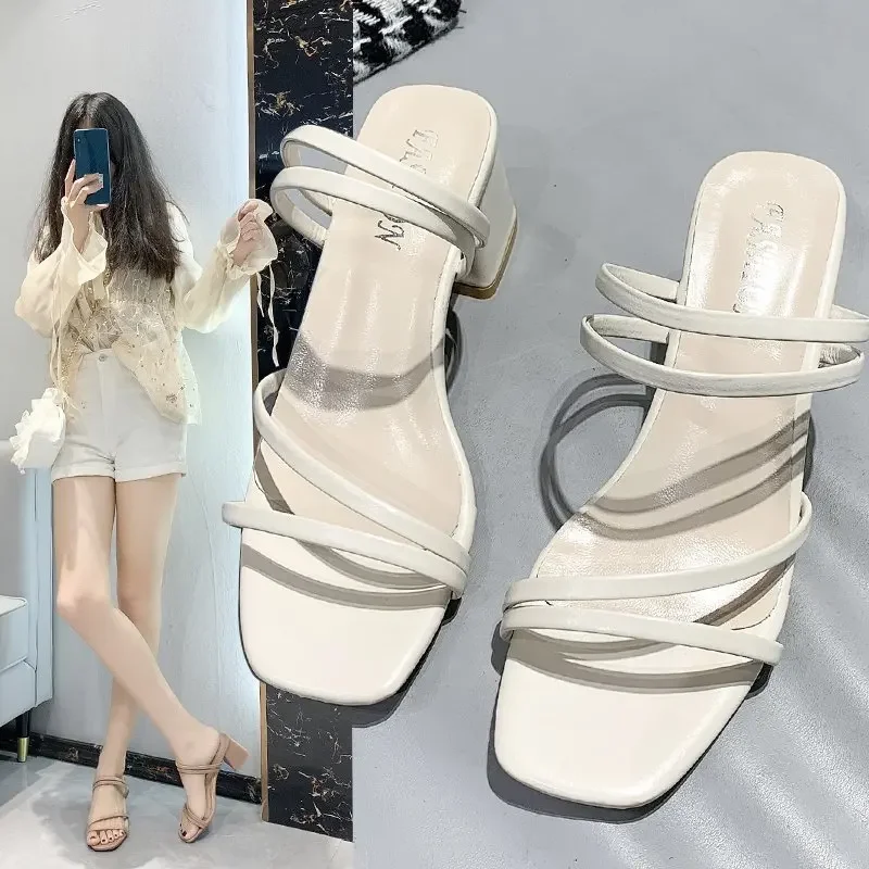 New Women Sandals Ladies Square Heels Elegant Summer Slippers Fashion Woman Sandals Fashion Low-heel Sandals for Women